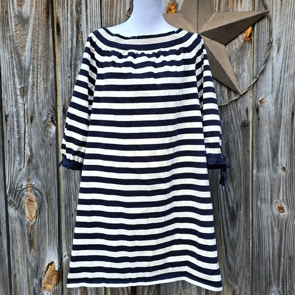 Striped Dress J.Crew Plus Size XXL Navy Ivory Off Shoulder Cotton Muslin Bow Tie - Picture 3 of 10